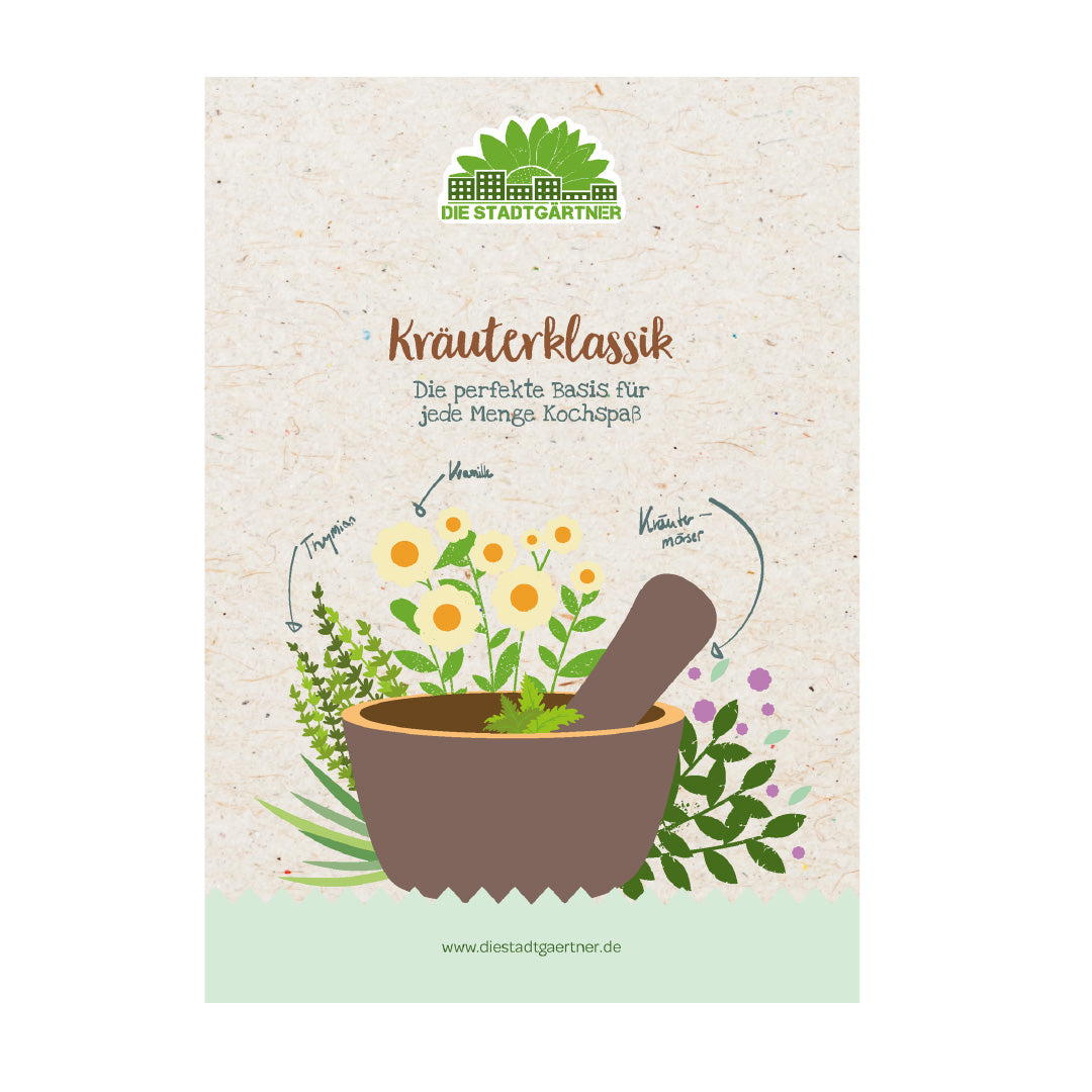 Ilustración de un mortero con hierbas y flores, el texto "Kräuterklassik" (Hierbas clásicas) y el logotipo de los jardineros de la ciudad, publicidad de ingredientes para cocinar.