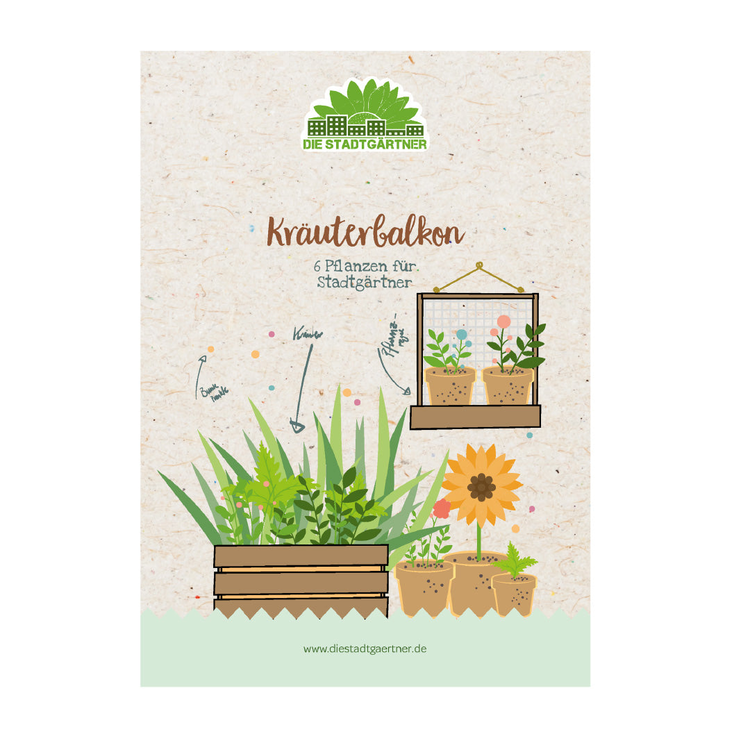 Ilustración de un concepto de jardín de hierbas para el balcón con una selección de plantas y una dirección de sitio web.