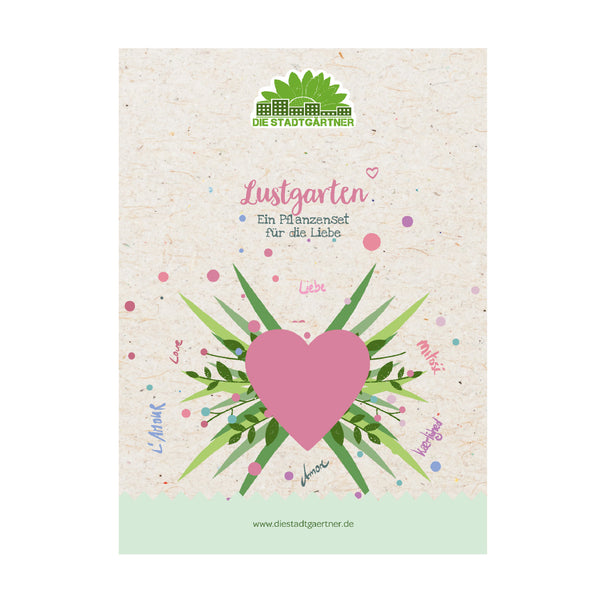 Embalaje para un set de plantas con un gran corazón rosa, hojas verdes y la inscripción “Lustgarten – Un set de plantas para el amor” sobre un fondo beige.