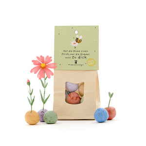 Bolsa de papel con bombas de semillas de colores y la inscripción “Si la flor está doblada, el abejorro probablemente estaba demasiado gordo”, junto a ella flores floreciendo de las bombas de semillas.