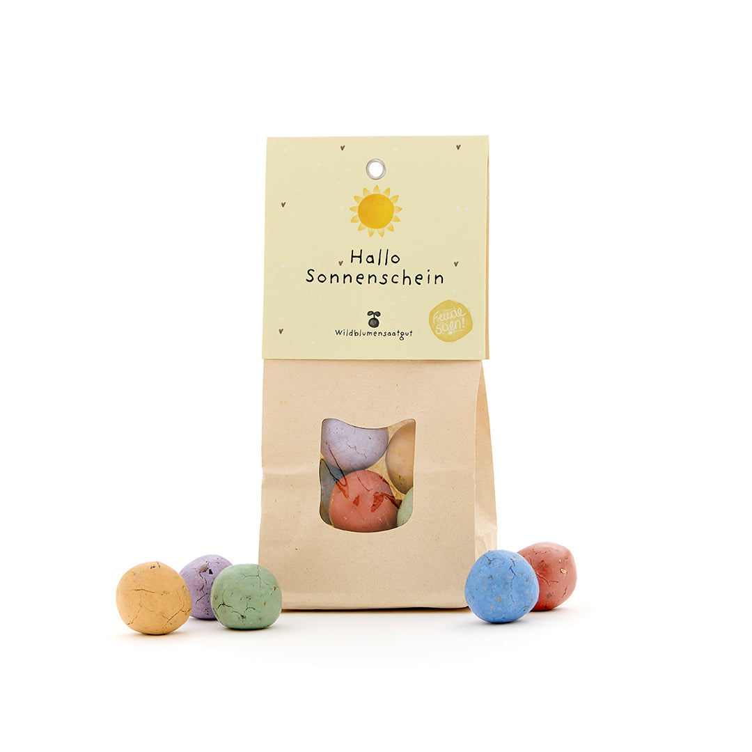 Bolsa de papel con ventana, llena de bolas de semillas de colores, etiqueta con la inscripción “Hello Sunshine”.