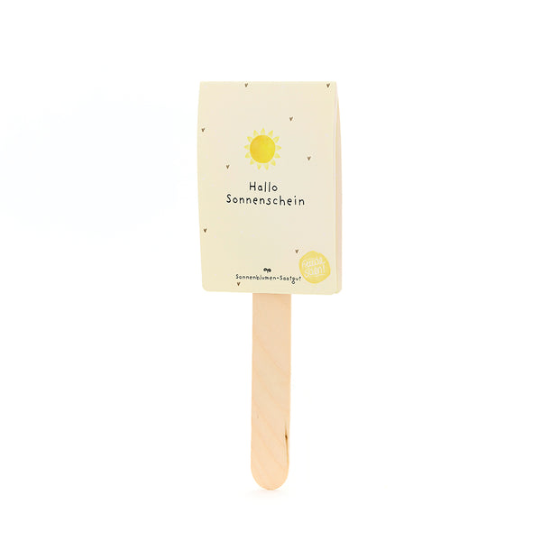 Palo de madera con una tarjeta amarilla que dice "Hola Sol" y tiene un sol encima.