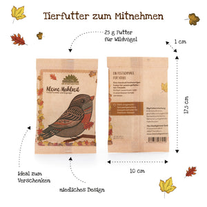 Dos bolsas marrones de alimento para pájaros silvestres "Little Meal", decoradas con motivos de pájaros y hojas de otoño; dimensiones 17,5 cm x 10 cm, contenido 25 g, ideal como regalo.