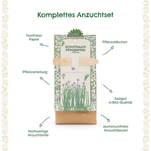 Kit completo para cultivar cebollino con papel sin madera, estacas para plantar, instrucciones de plantación, tierra para macetas de alta calidad, semillas orgánicas y una bolsa de cultivo sin aluminio.