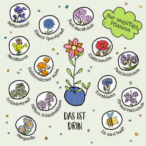 Ilustración de varias especies de flores no tóxicas con sus nombres en alemán en un círculo, incluyendo la víbora, la amapola de California, el aciano y la margarita; en el centro, una flor dibujada en un jarrón, con el texto "Sólo plantas no tóxicas" y "Eso es lo que hay dentro".