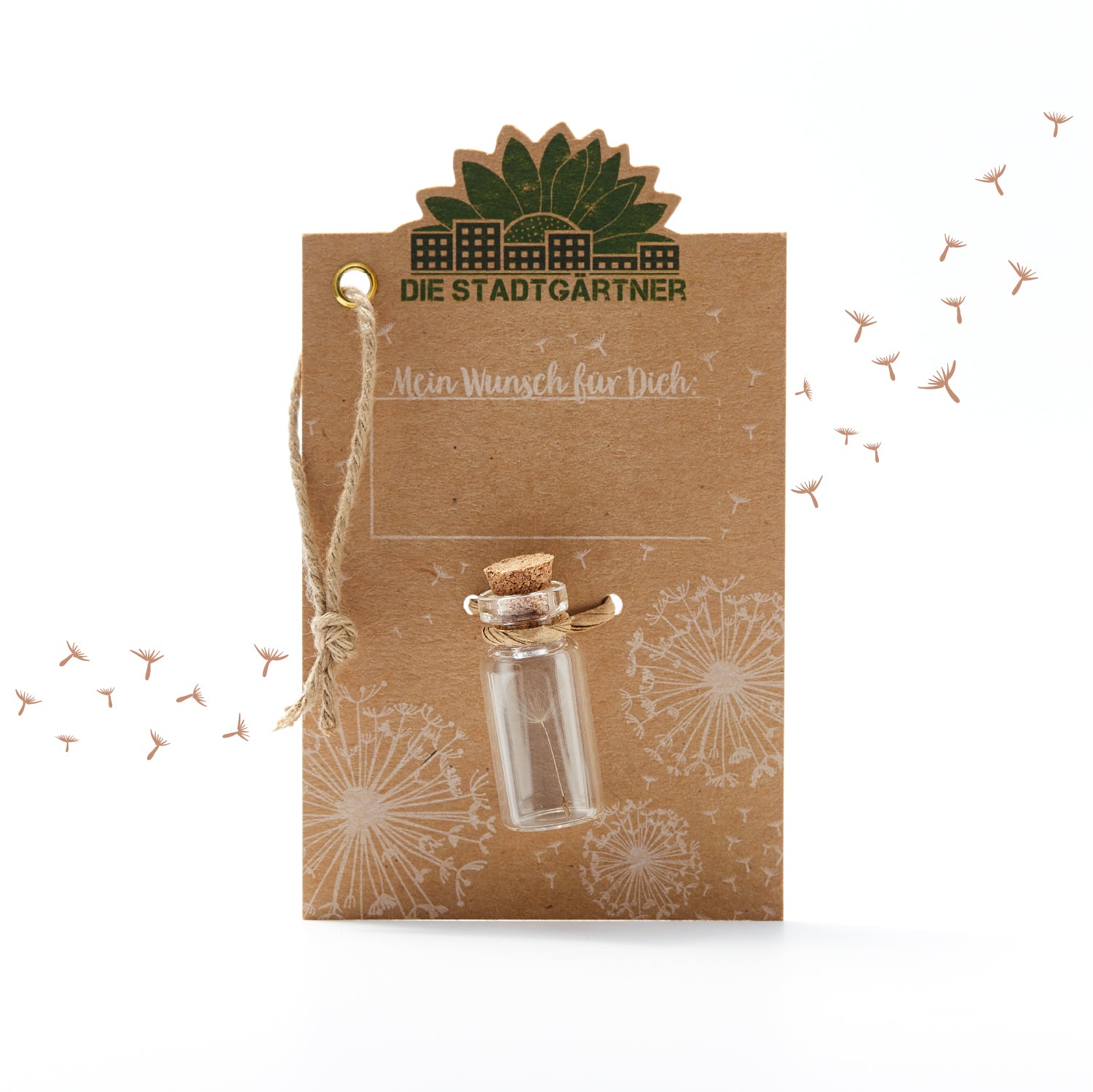 Tarjeta marrón con la inscripción "Los jardineros de la ciudad", una pequeña botella de vidrio y dientes de león ilustrados.