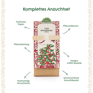 Kit de cultivo completo para mini jardines de chile con estaca de plantación, instrucciones de plantación, semillas orgánicas, papel sin madera, tierra para macetas de alta calidad y bolsa de cultivo sin aluminio.