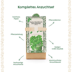 Kit completo de cultivo de albahaca al pesto con palitos de plantación, semillas orgánicas, papel sin madera, instrucciones de plantación, tierra para macetas de alta calidad y una bolsa de cultivo sin aluminio.