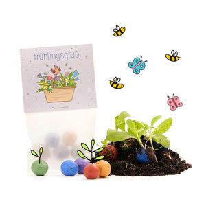 Bolsas de semillas que saludan a la primavera con bombas de semillas de colores, tierra, plantas jóvenes y abejas y mariposas dibujadas.
