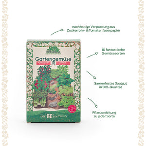 Embalaje para semillas de hortalizas de jardín de "Die Stadtgärtner" con embalaje sostenible, 10 variedades de hortalizas diferentes, semillas orgánicas de polinización abierta e instrucciones de plantación para cada variedad.
