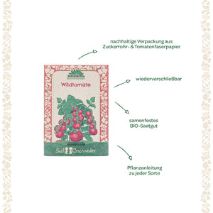 Bolsa de semillas para tomates silvestres con embalaje de diseño sostenible, información sobre semillas orgánicas, posibilidad de resellado e instrucciones de plantación, rodeada de decoraciones florales.