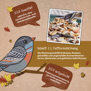 Ilustración de un pájaro con hojas de otoño, junto a una foto de comida mixta para pájaros y un texto informativo sobre la calidad y composición de la comida en alemán.