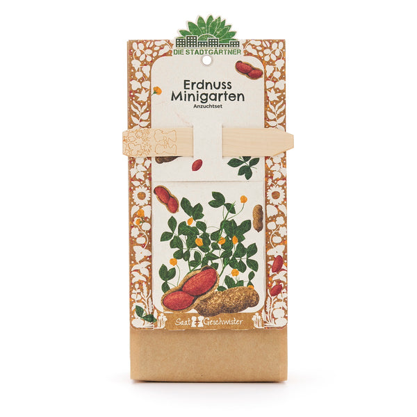 Kit de cultivo de mini huerto de maní con embalaje decorativo e ilustración de una planta de maní.