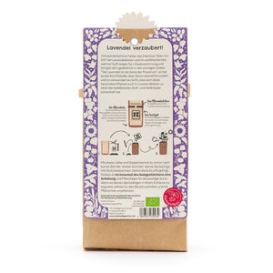 Reverso de un paquete con un estampado floral de color morado e instrucciones para plantar lavanda, incluidas descripciones e ilustraciones de cada paso.
