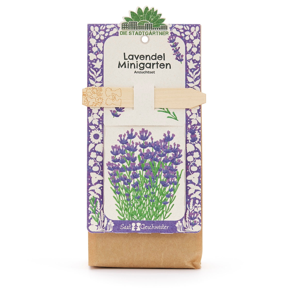 Kit de cultivo de mini jardín de lavanda con ilustración de lavanda morada y empaque decorativo.