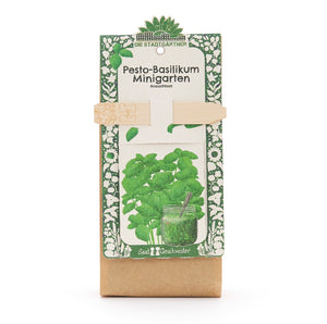 Kit de cultivo “Pesto-Basil Mini Garden” de Die Stadtgärtner, packaging con ilustración de albahaca y tarro de pesto.