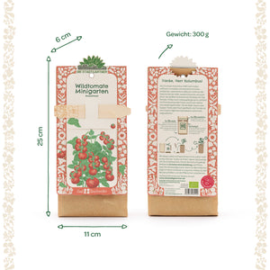 Dos paquetes de un mini kit de cultivo de jardín de tomates silvestres con un diseño rojo y blanco, una ilustración de plantas de tomate en el frente e información de texto en la parte posterior; se indican las dimensiones y el peso.