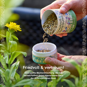 Dos manos sostienen una lata de semillas de flores que se esparcen en un jardín de flores amarillas. Un texto en alemán describe una mezcla floral apacible y soñadora.