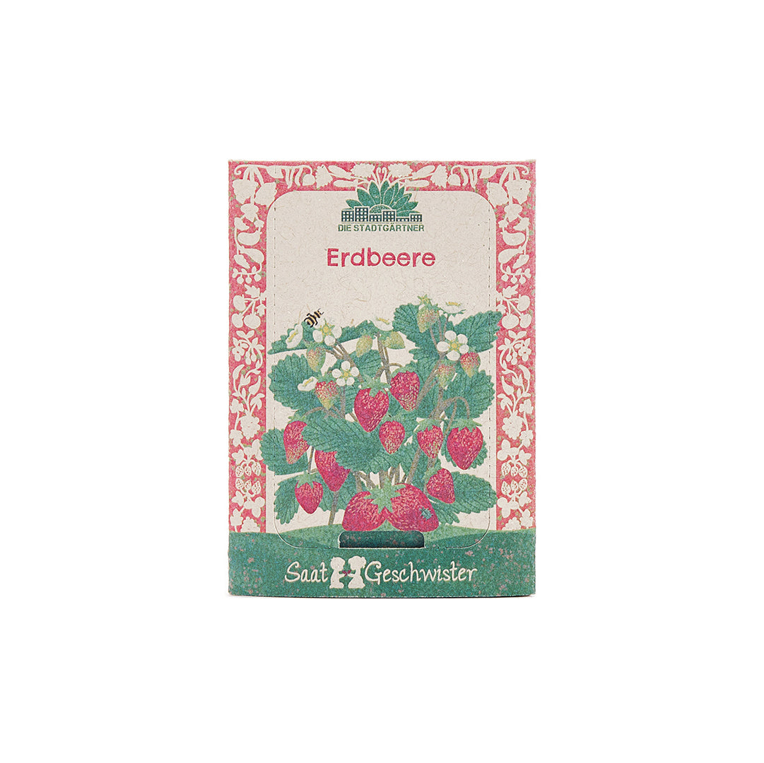 Paquete de semillas de fresa con una imagen de una planta de fresa, flores y frutas en la etiqueta.