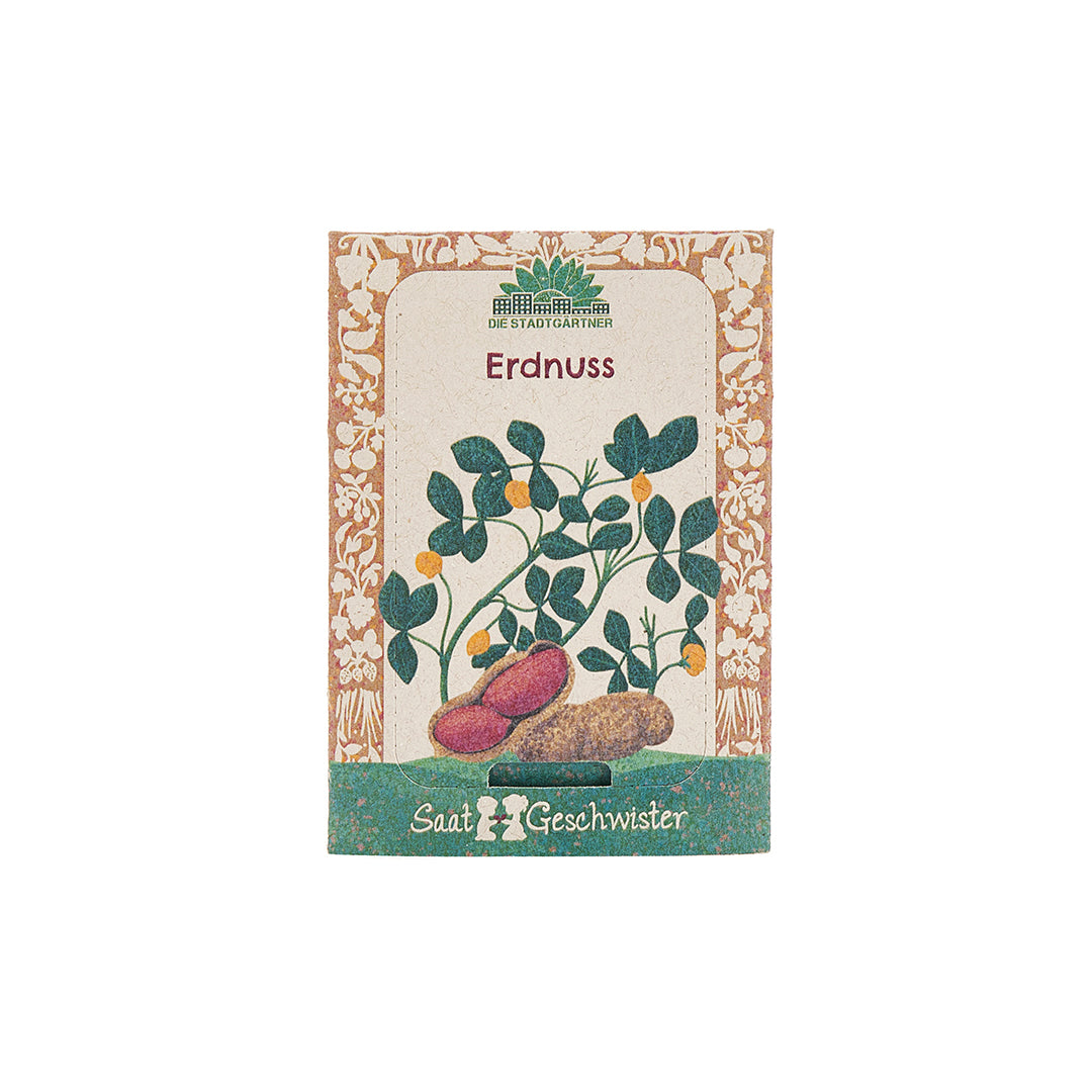 Paquete de semillas de maní con ilustración de la planta de maní y maní en el frente.