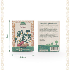 Dos bolsas de semillas de cacahuete de la marca "Saatgeschwister" con una planta de cacahuete ilustrada en la parte frontal y una descripción del producto en la parte posterior. También se indican las dimensiones: 9 cm de alto y 6,5 cm de ancho.