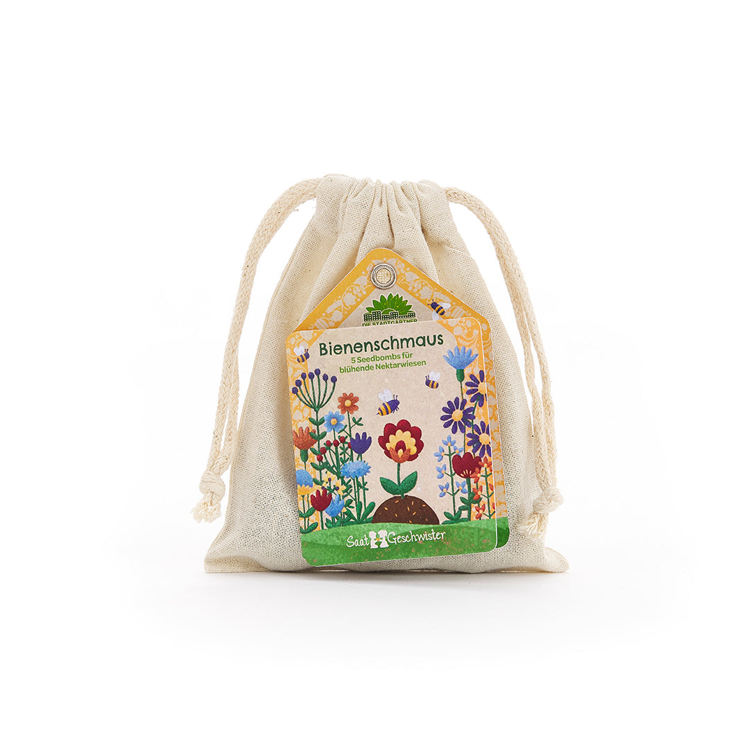 Bolsa con semillas, etiqueta “Bee Feast” y coloridas ilustraciones de flores.