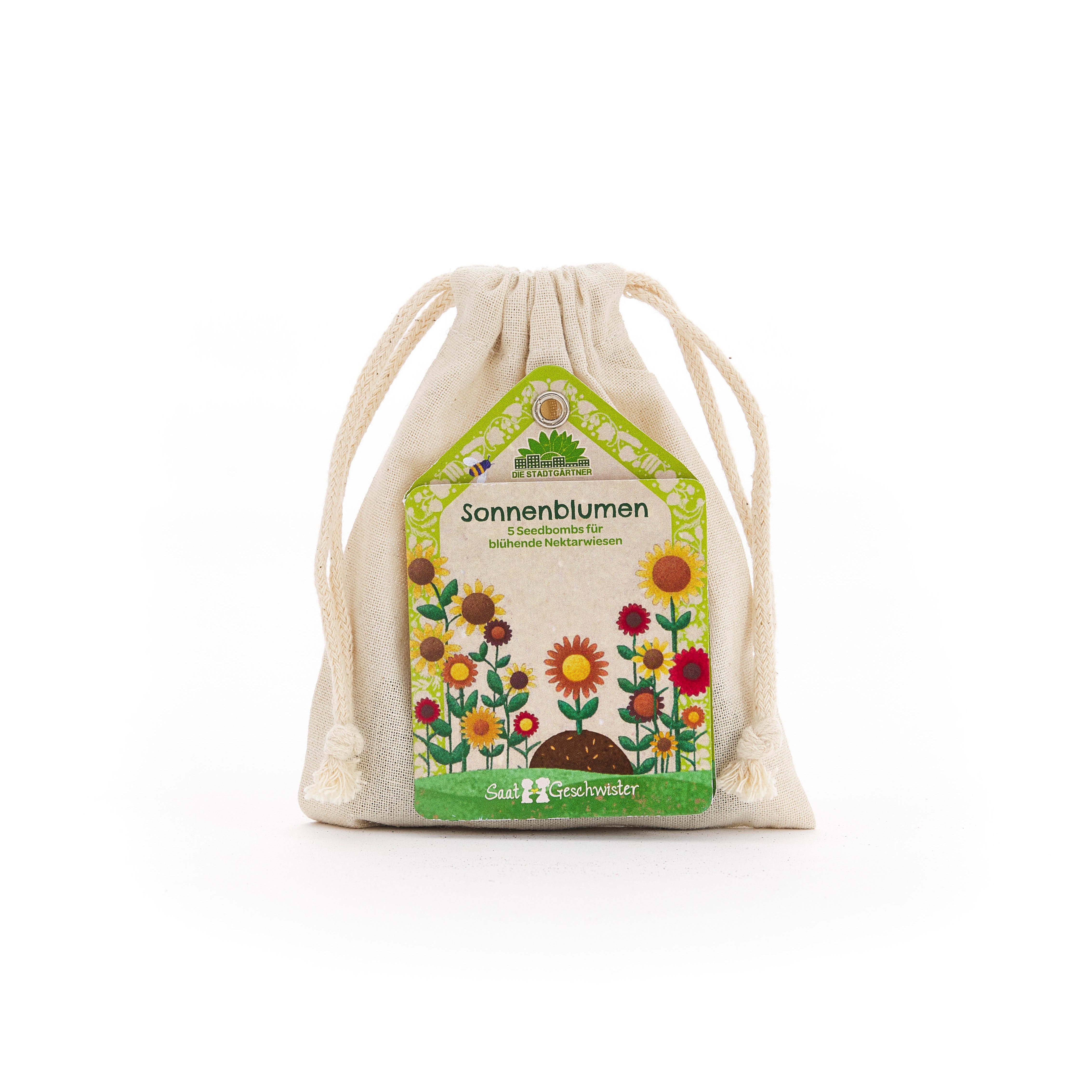 Bolsa de tela con etiqueta “Bombas de Semillas de Girasol” y coloridas ilustraciones de flores.