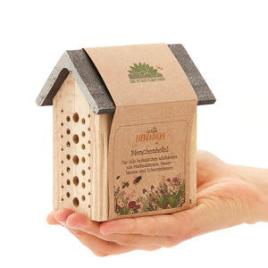 Una mano sostiene un pequeño hotel de madera para abejas con la inscripción "Aktion Bienenwohl Bienenhotel" en alemán.