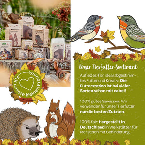 Imagen publicitaria para productos de alimentación para mascotas con pájaros y ardillas ilustrados y texto sobre producción sostenible y justa.