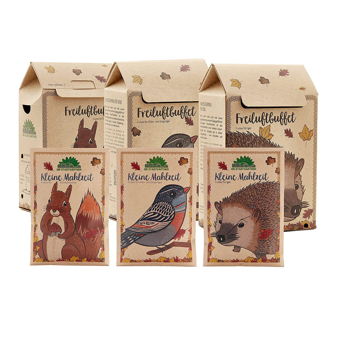 Embalaje para alimentos silvestres con imágenes de una ardilla, un pájaro y un erizo.