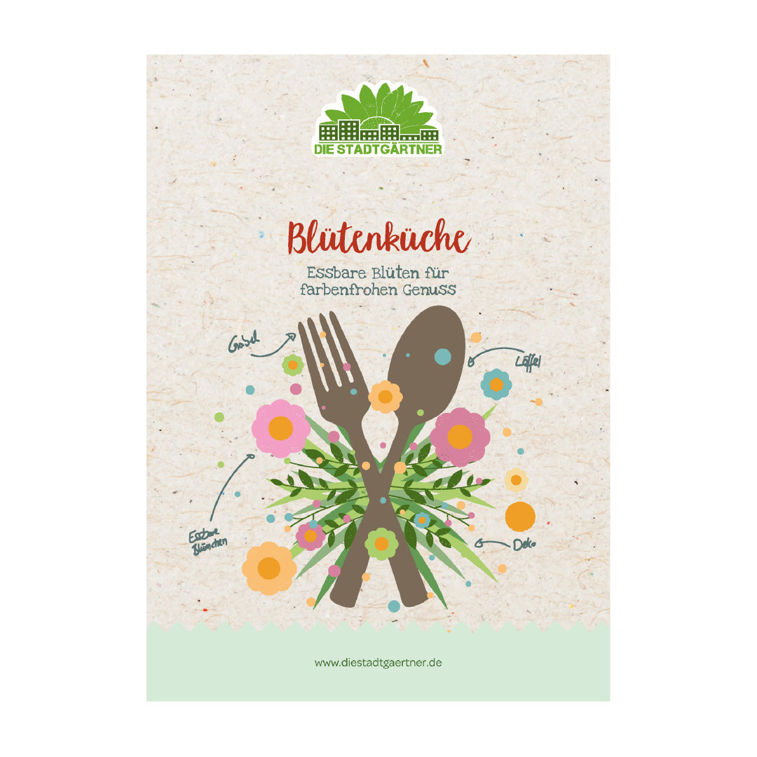 Póster con cubiertos y flores comestibles, texto «Flower Kitchen - Flores comestibles para disfrutar con color» y logotipo «DIE STADTGÄRTNER».