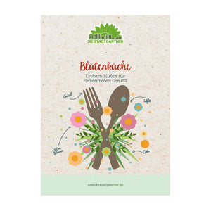 Póster con cubiertos y flores comestibles, texto «Flower Kitchen - Flores comestibles para disfrutar con color» y logotipo «DIE STADTGÄRTNER».
