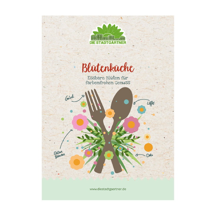 Póster con cubiertos y flores comestibles, texto «Flower Kitchen - Flores comestibles para disfrutar con color» y logotipo «DIE STADTGÄRTNER».