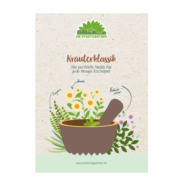Ilustración de un mortero con hierbas y flores, el texto "Kräuterklassik" (Hierbas clásicas) y el logotipo de los jardineros de la ciudad, publicidad de ingredientes para cocinar.