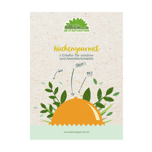 Ilustración de un envase de una planta de especias con el texto "Cocina gourmet, 6 hierbas para experiencias de sabor experimentadas" y el logotipo "Die Stadtgärtner" en la parte superior.