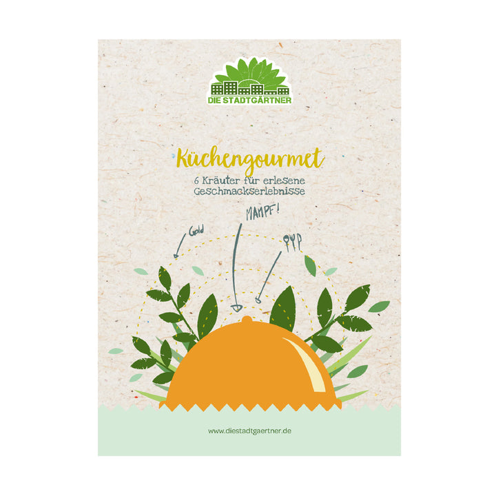 Ilustración de un envase de una planta de especias con el texto "Cocina gourmet, 6 hierbas para experiencias de sabor experimentadas" y el logotipo "Die Stadtgärtner" en la parte superior.