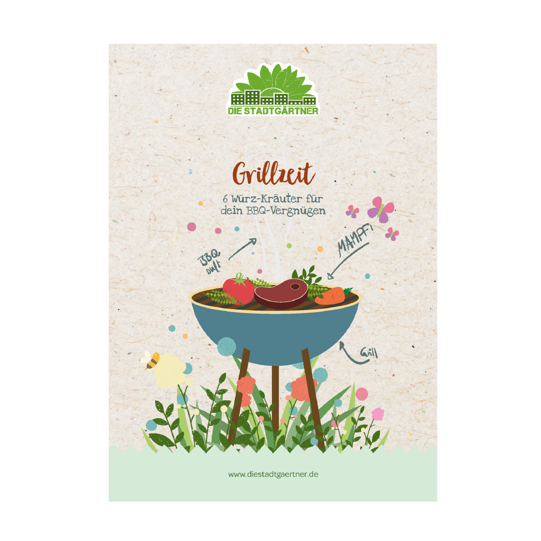 Ilustración de una fiesta de barbacoa con hierbas y verduras a la parrilla, publicidad de "Die Stadtgärtner" con el lema "Grillzeit - 6 hierbas especiadas para su placer de barbacoa".