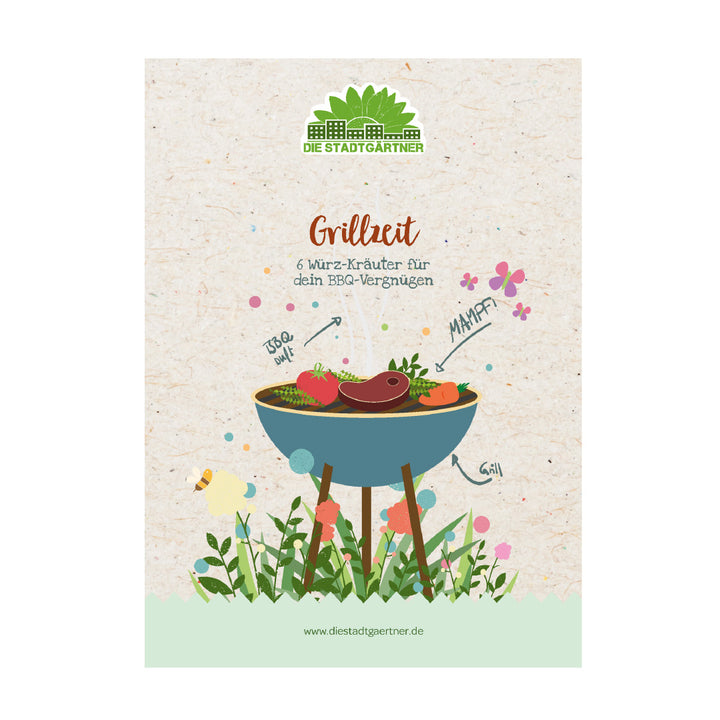 Ilustración de una fiesta de barbacoa con hierbas y verduras a la parrilla, publicidad de "Die Stadtgärtner" con el lema "Grillzeit - 6 hierbas especiadas para su placer de barbacoa".