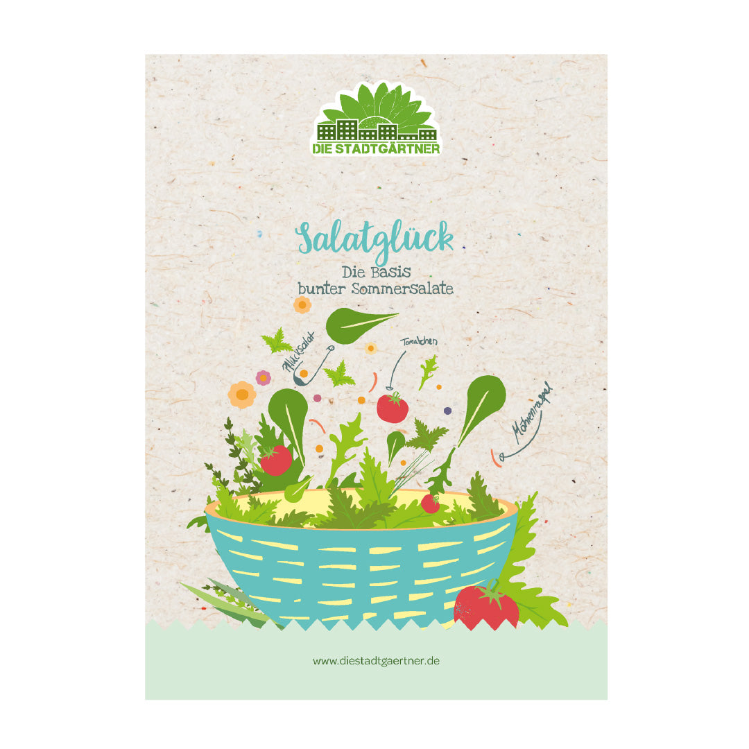 Ilustración de una cesta de ensalada azul llena de diversas ensaladas y verduras frescas, logotipo y texto "Die Stadtgärtner - Salatglück, Die Basis bunter Sommersalate", dirección del sitio web a continuación.