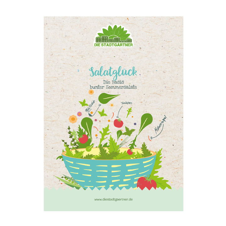 Ilustración de una cesta de ensalada azul llena de diversas ensaladas y verduras frescas, logotipo y texto "Die Stadtgärtner - Salatglück, Die Basis bunter Sommersalate", dirección del sitio web a continuación.