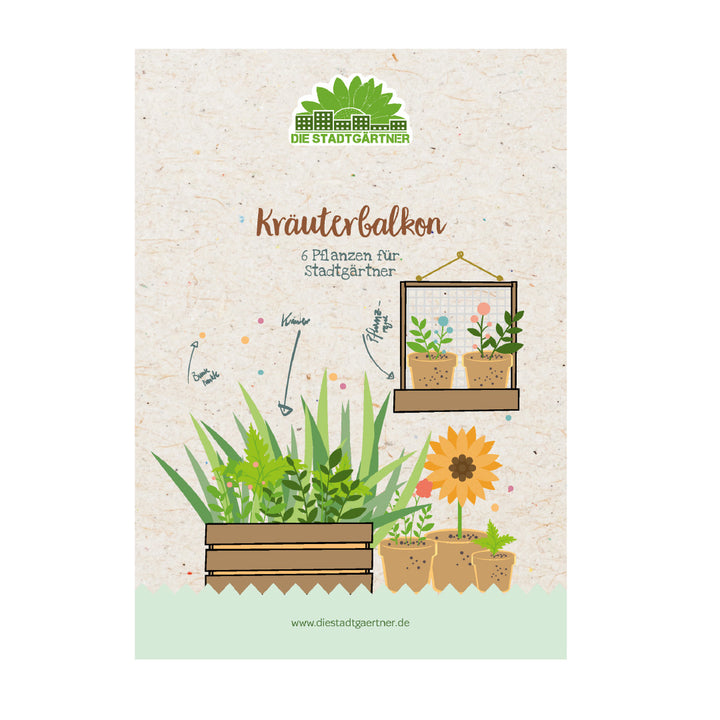 Ilustración de un concepto de jardín de hierbas para el balcón con una selección de plantas y una dirección de sitio web.