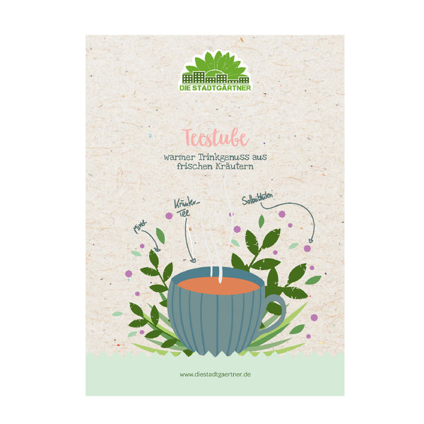 Ilustración de una taza de té con hierbas, sobre ella el texto «Salón de té: el placer de beber caliente con hierbas frescas» y el logotipo «Die Stadtgärtner».