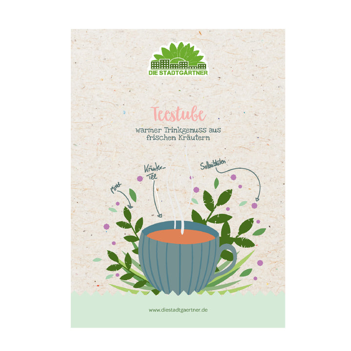 Ilustración de una taza de té con hierbas, sobre ella el texto «Salón de té: el placer de beber caliente con hierbas frescas» y el logotipo «Die Stadtgärtner».