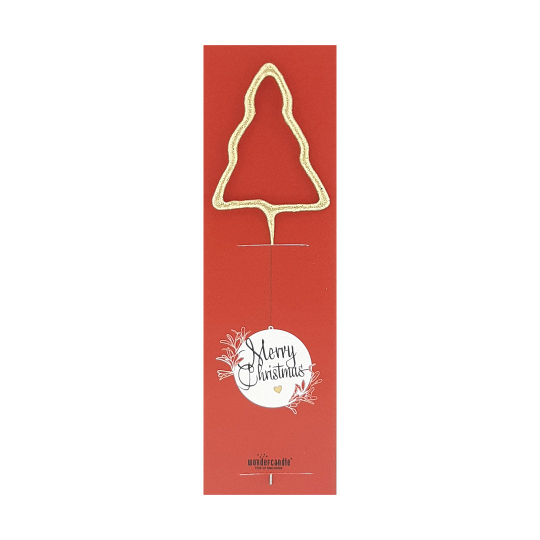 Tarjeta de Navidad roja con un árbol de Navidad dorado y letras "Feliz Navidad".