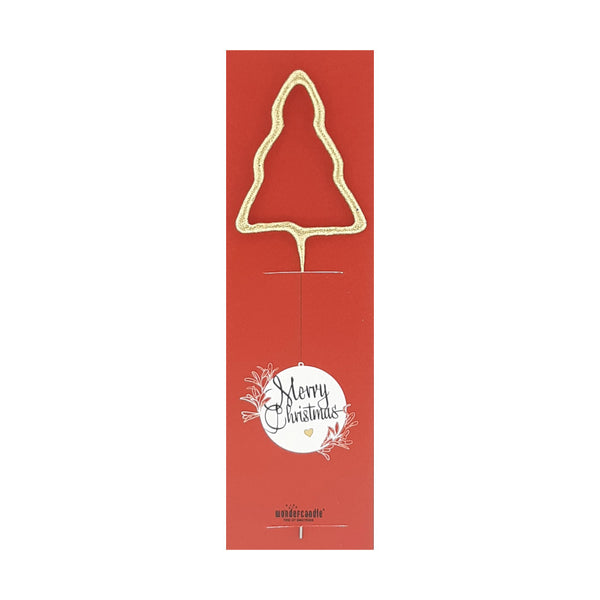 Tarjeta de Navidad roja con un árbol de Navidad dorado y letras "Feliz Navidad".