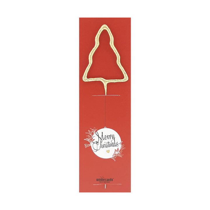 Tarjeta de Navidad roja con un árbol de Navidad dorado y letras "Feliz Navidad".