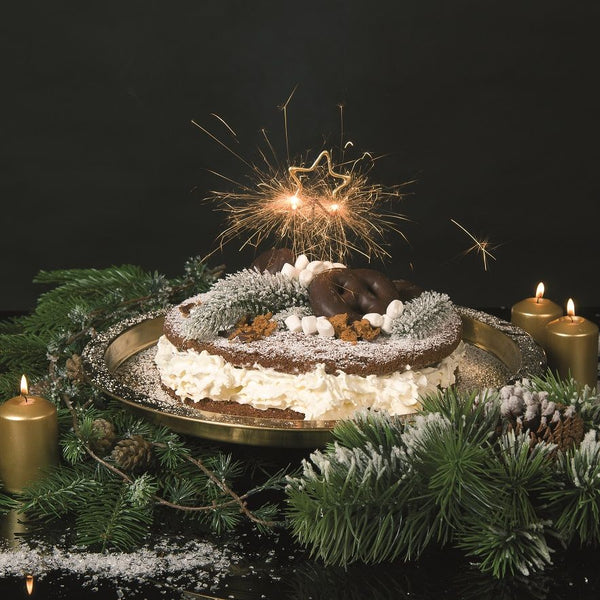 Pastel de Navidad decorado festivamente con bengalas, rodeado de ramas de abeto y velas encendidas.