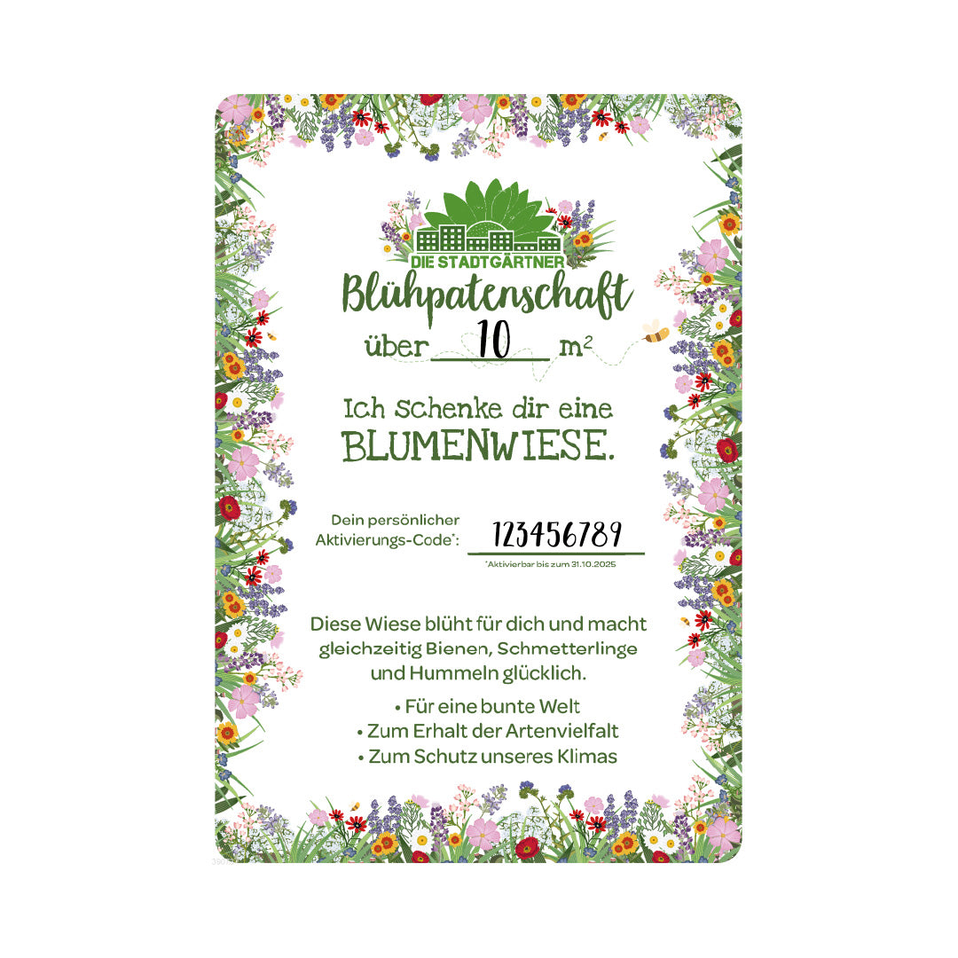 Certificado de regalo para el patrocinio floral de 10 metros cuadrados de prado de flores con un marco de flores colorido e información sobre la promoción de la biodiversidad y la protección del clima.