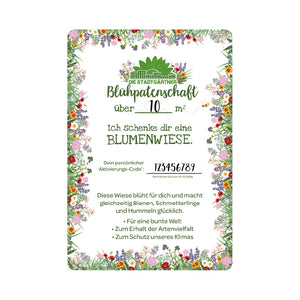 Certificado de regalo para el patrocinio floral de 10 metros cuadrados de prado de flores con un marco de flores colorido e información sobre la promoción de la biodiversidad y la protección del clima.