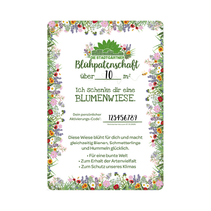 Certificado de regalo para el patrocinio floral de 10 metros cuadrados de prado de flores con un marco de flores colorido e información sobre la promoción de la biodiversidad y la protección del clima.